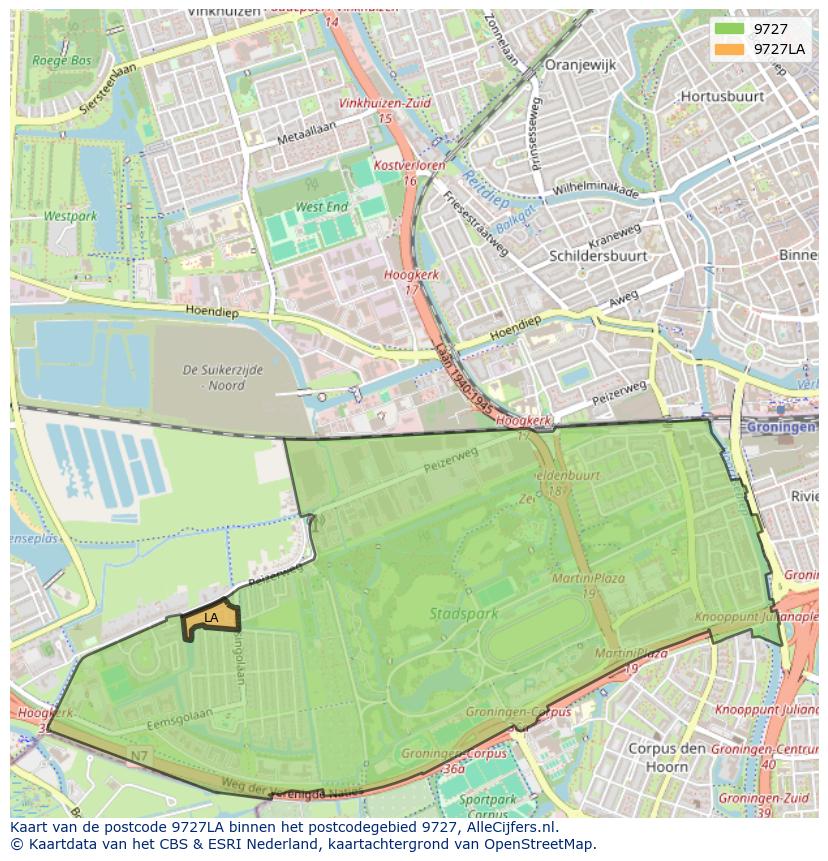 Afbeelding van het postcodegebied 9727 LA op de kaart.