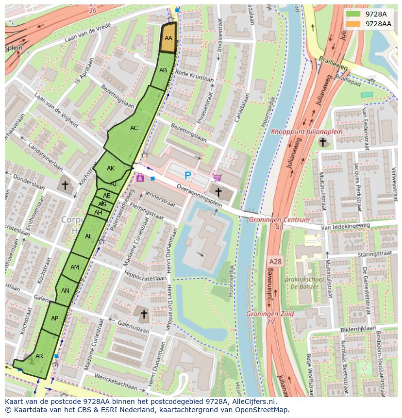 Afbeelding van het postcodegebied 9728 AA op de kaart.