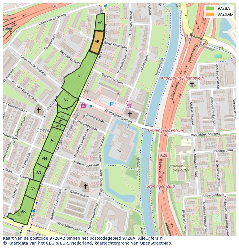 Afbeelding van het postcodegebied 9728 AB op de kaart.