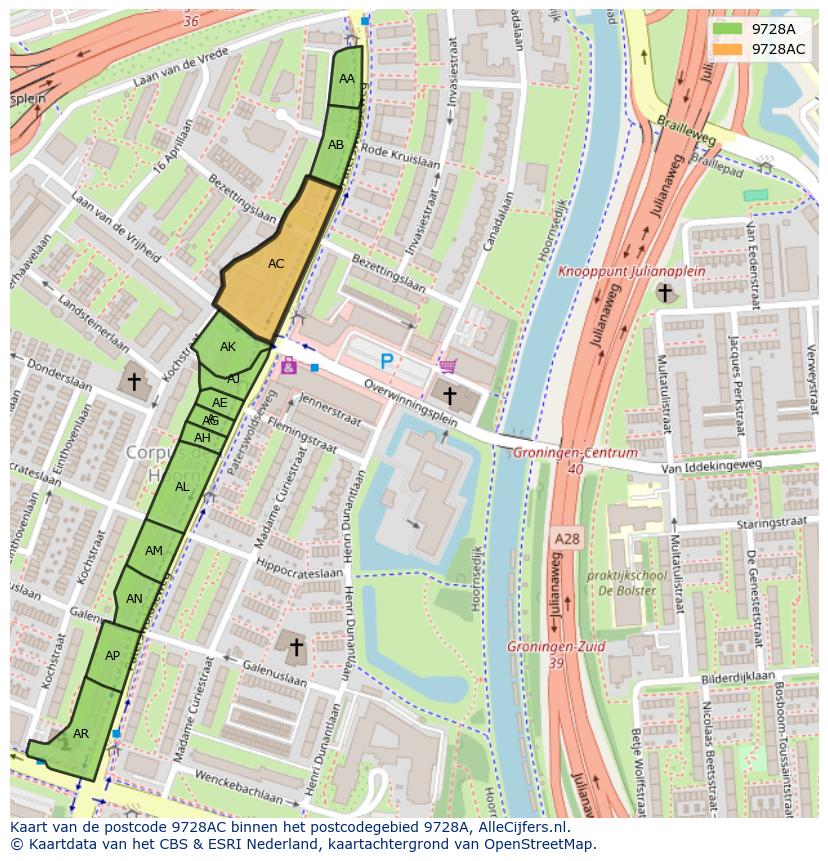 Afbeelding van het postcodegebied 9728 AC op de kaart.