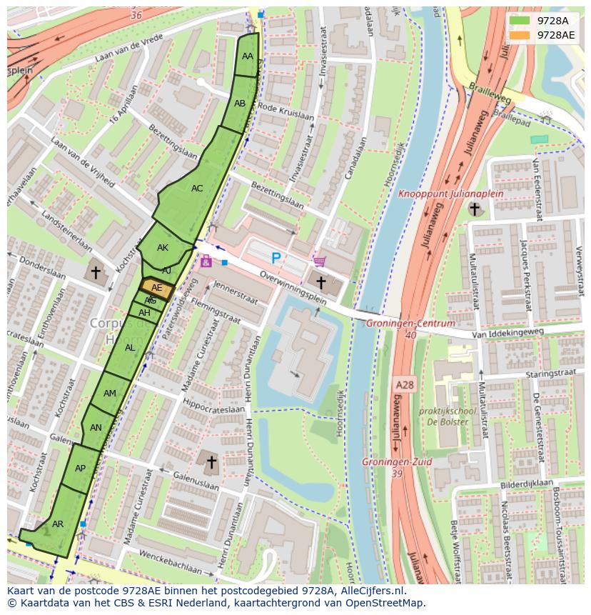 Afbeelding van het postcodegebied 9728 AE op de kaart.