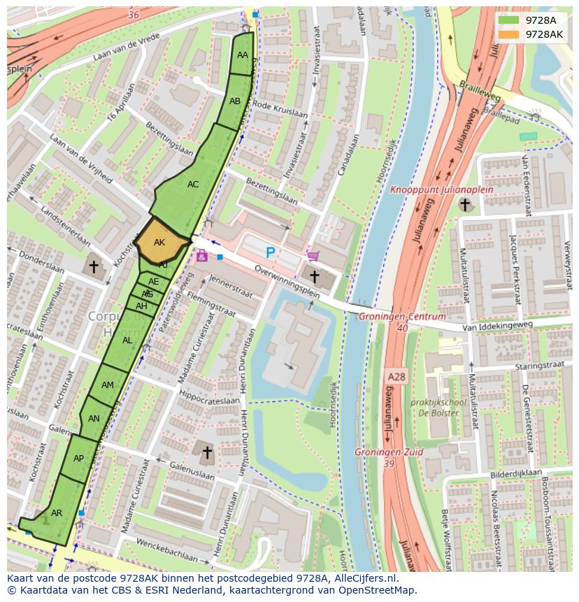 Afbeelding van het postcodegebied 9728 AK op de kaart.