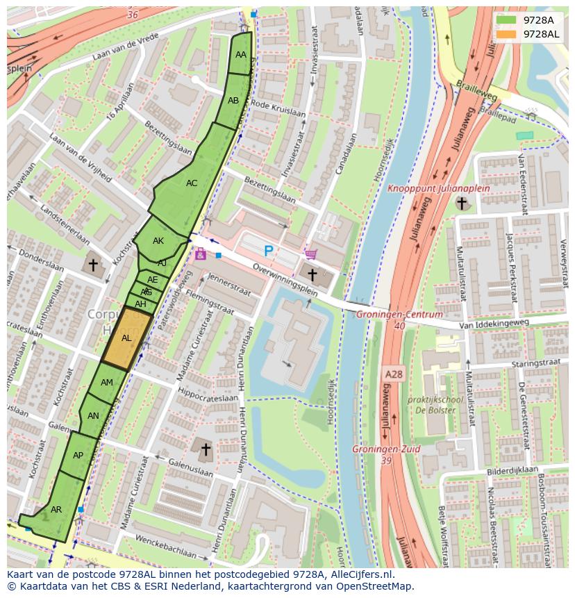 Afbeelding van het postcodegebied 9728 AL op de kaart.