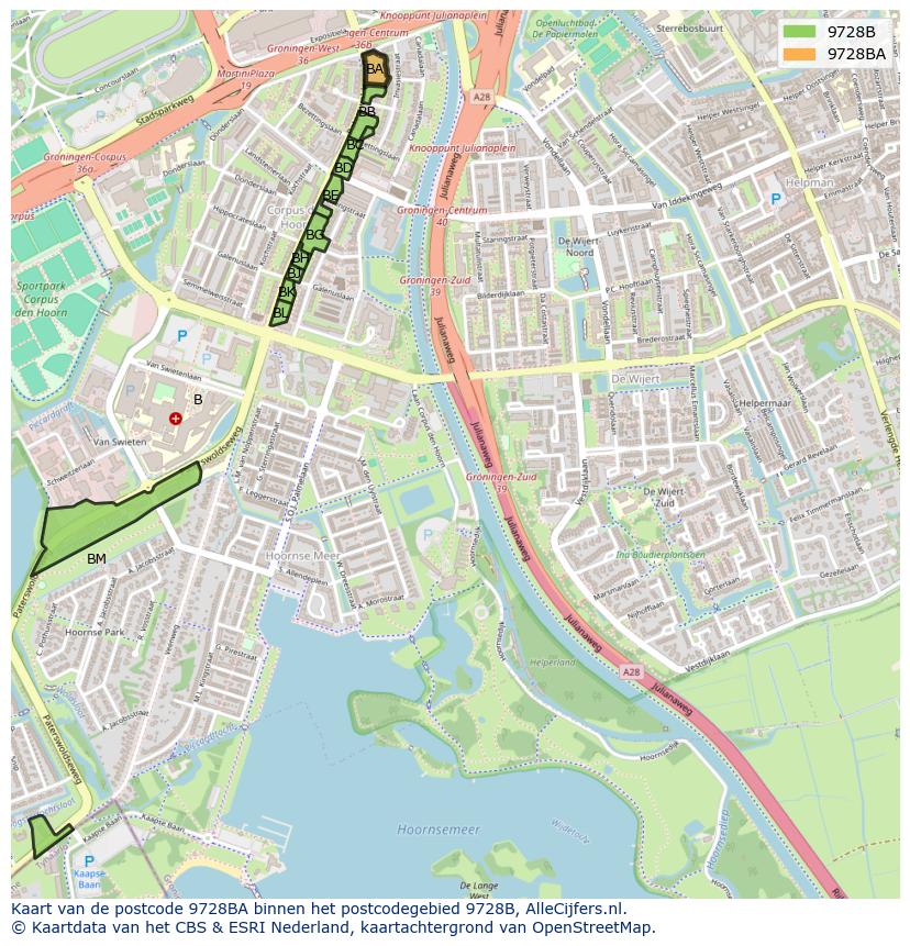 Afbeelding van het postcodegebied 9728 BA op de kaart.