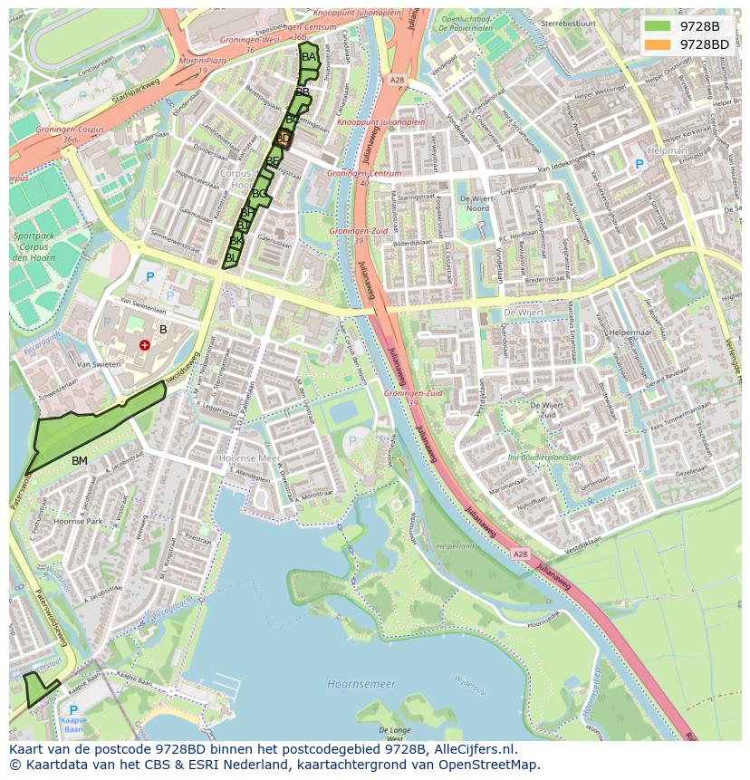 Afbeelding van het postcodegebied 9728 BD op de kaart.
