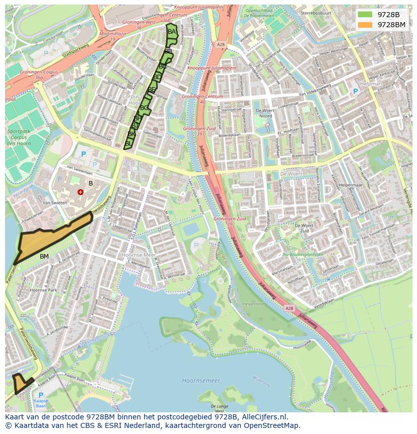 Afbeelding van het postcodegebied 9728 BM op de kaart.