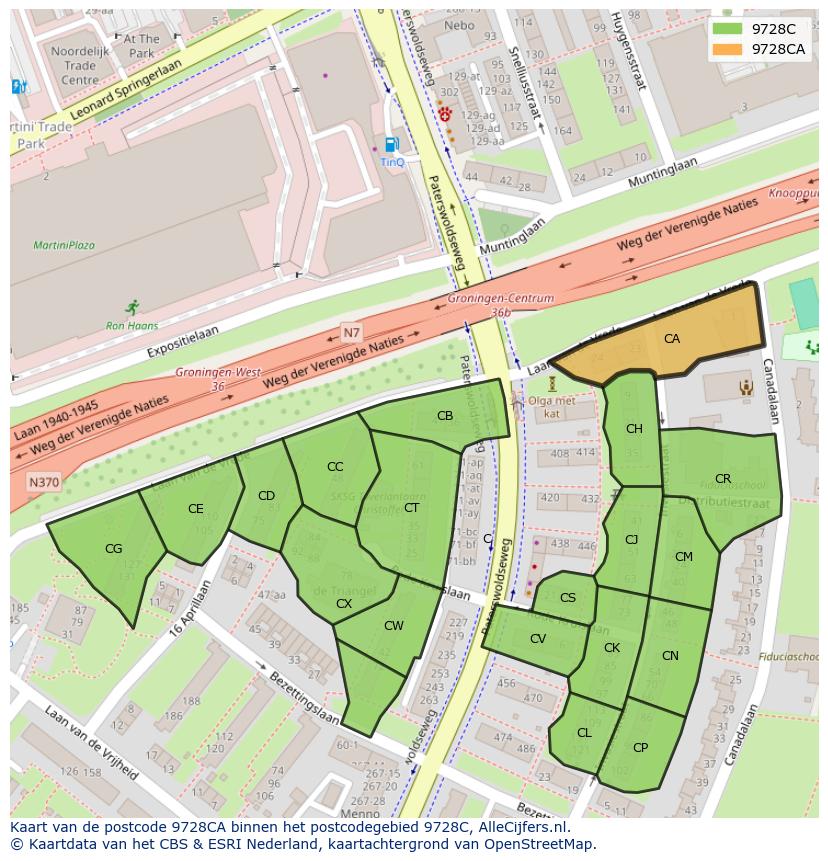 Afbeelding van het postcodegebied 9728 CA op de kaart.