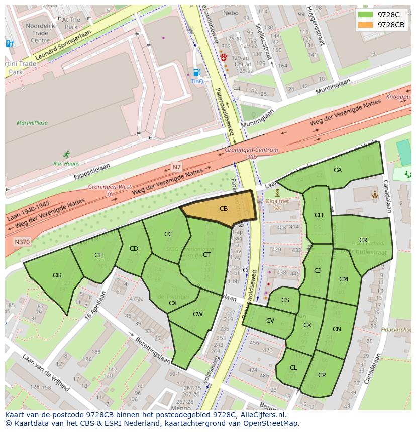 Afbeelding van het postcodegebied 9728 CB op de kaart.