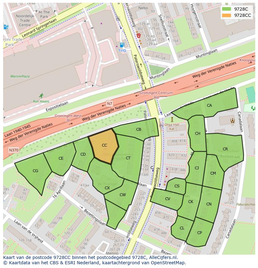 Afbeelding van het postcodegebied 9728 CC op de kaart.