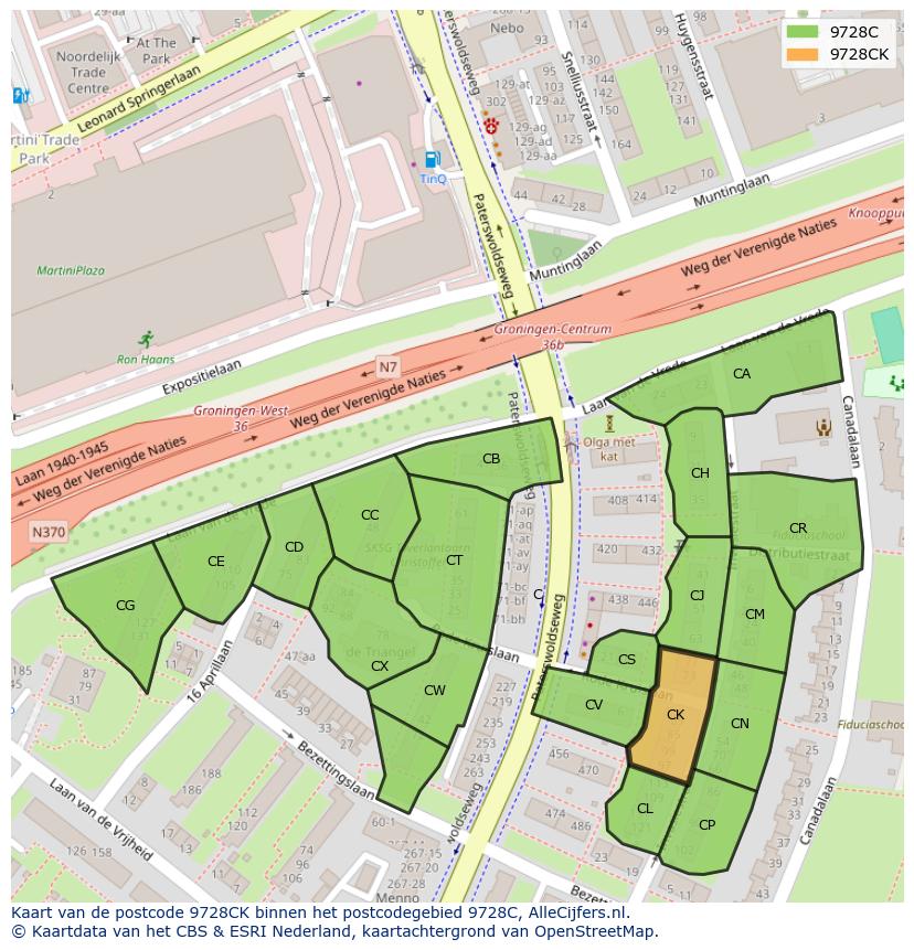 Afbeelding van het postcodegebied 9728 CK op de kaart.
