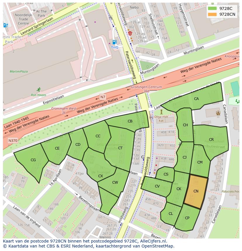 Afbeelding van het postcodegebied 9728 CN op de kaart.