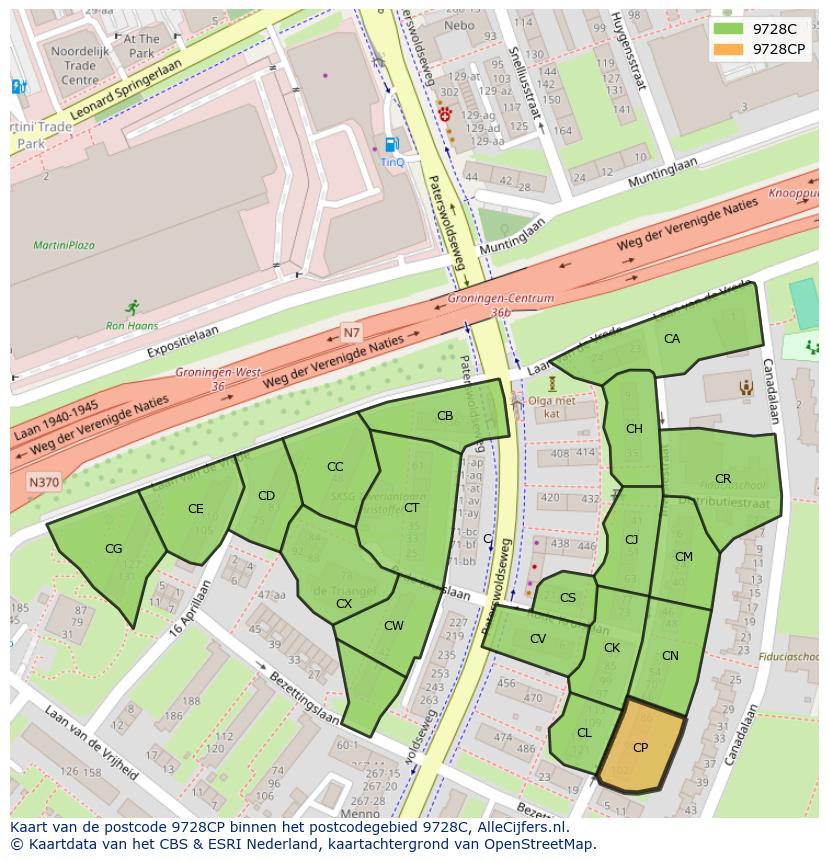 Afbeelding van het postcodegebied 9728 CP op de kaart.
