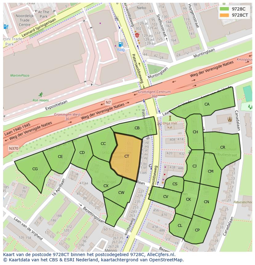 Afbeelding van het postcodegebied 9728 CT op de kaart.