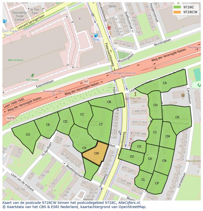 Afbeelding van het postcodegebied 9728 CW op de kaart.