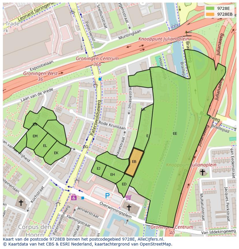 Afbeelding van het postcodegebied 9728 EB op de kaart.