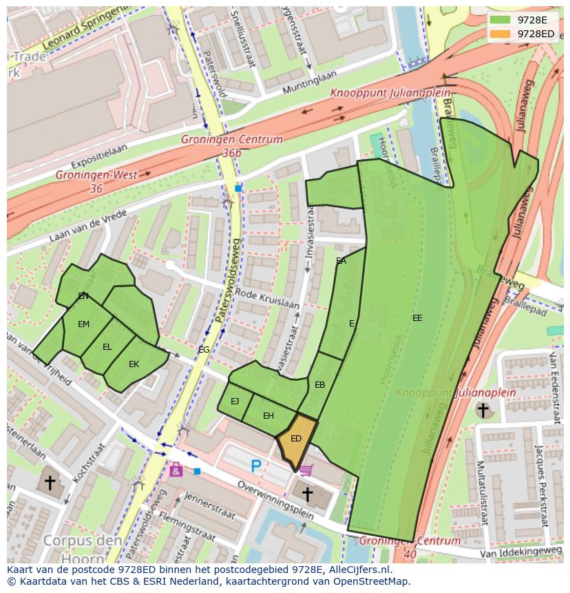 Afbeelding van het postcodegebied 9728 ED op de kaart.