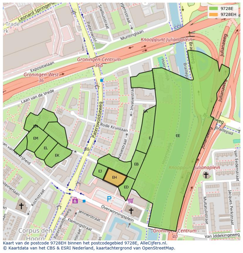 Afbeelding van het postcodegebied 9728 EH op de kaart.