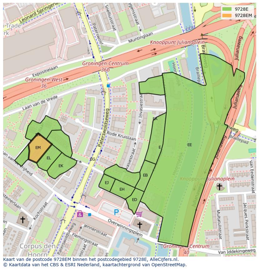Afbeelding van het postcodegebied 9728 EM op de kaart.