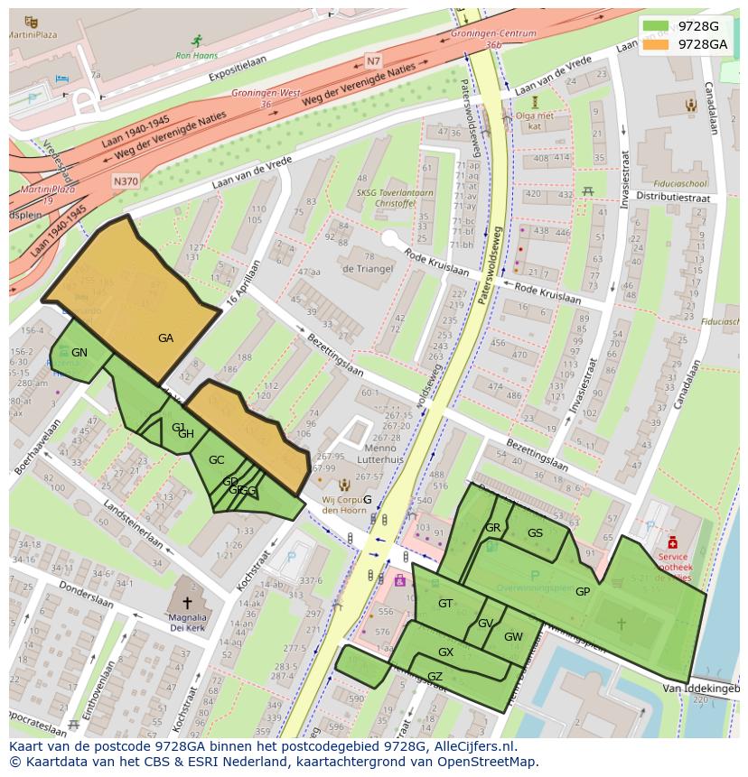 Afbeelding van het postcodegebied 9728 GA op de kaart.