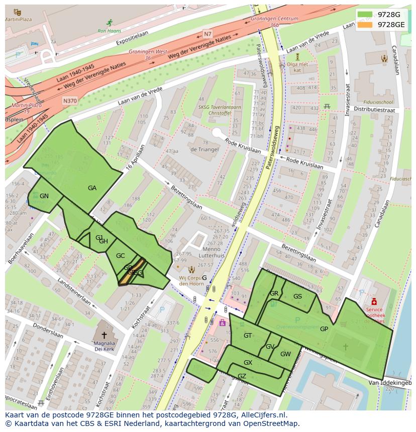 Afbeelding van het postcodegebied 9728 GE op de kaart.