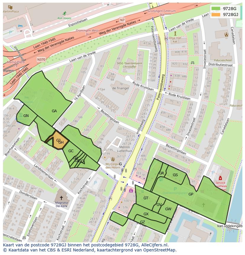 Afbeelding van het postcodegebied 9728 GJ op de kaart.