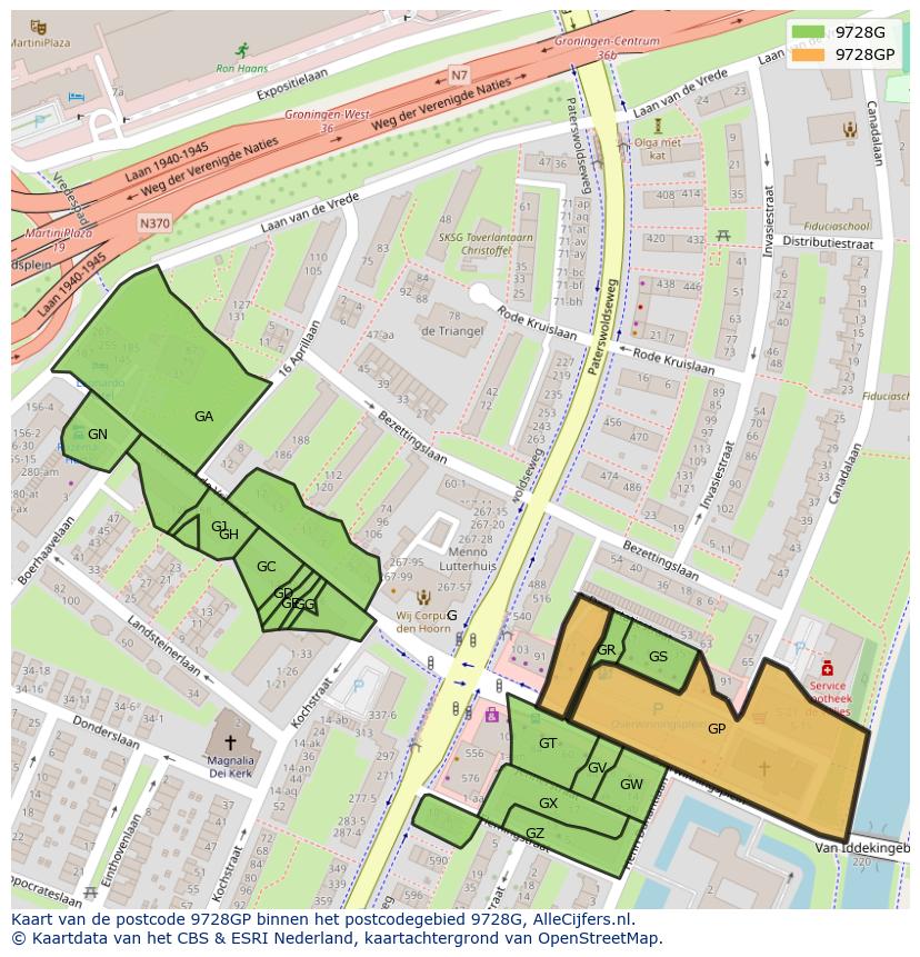 Afbeelding van het postcodegebied 9728 GP op de kaart.
