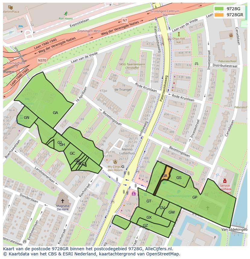 Afbeelding van het postcodegebied 9728 GR op de kaart.