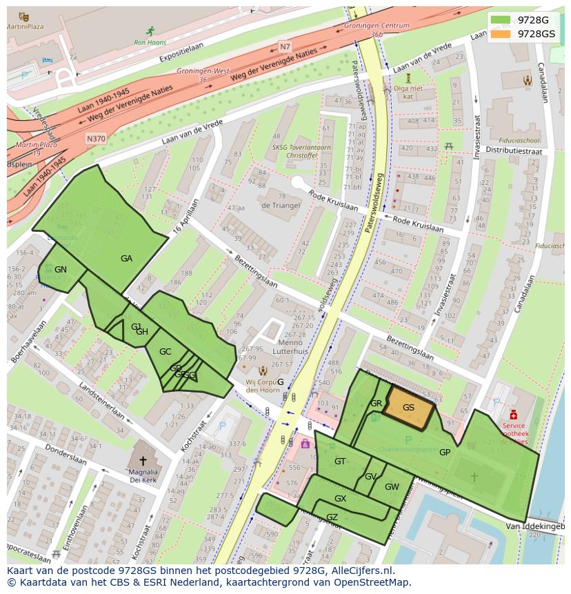 Afbeelding van het postcodegebied 9728 GS op de kaart.
