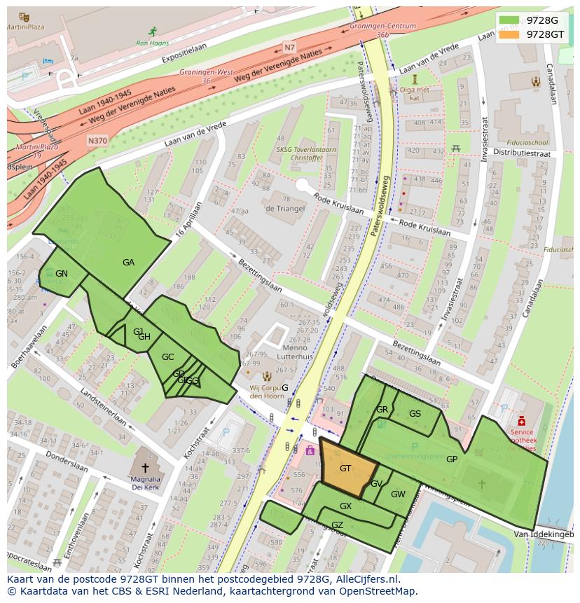 Afbeelding van het postcodegebied 9728 GT op de kaart.
