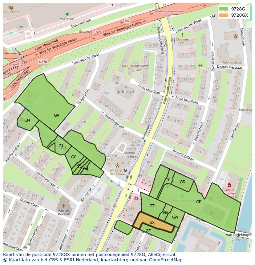 Afbeelding van het postcodegebied 9728 GX op de kaart.