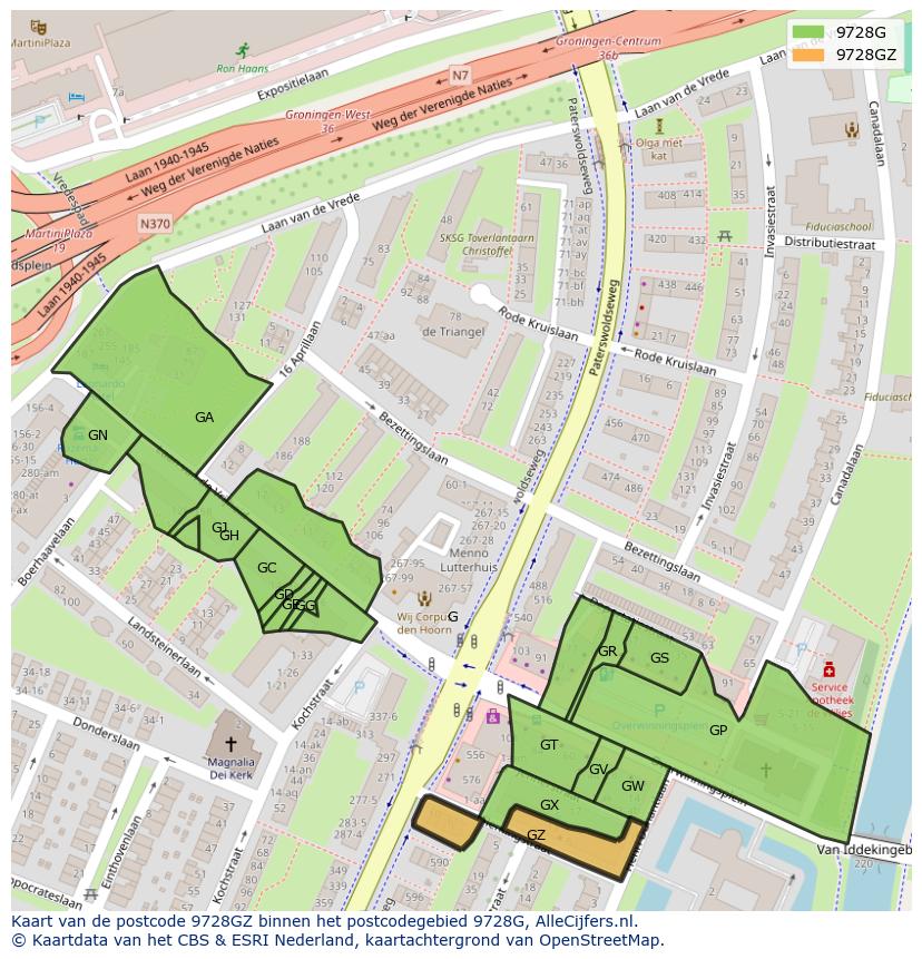 Afbeelding van het postcodegebied 9728 GZ op de kaart.