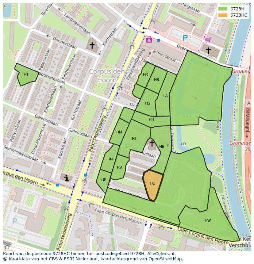 Afbeelding van het postcodegebied 9728 HC op de kaart.