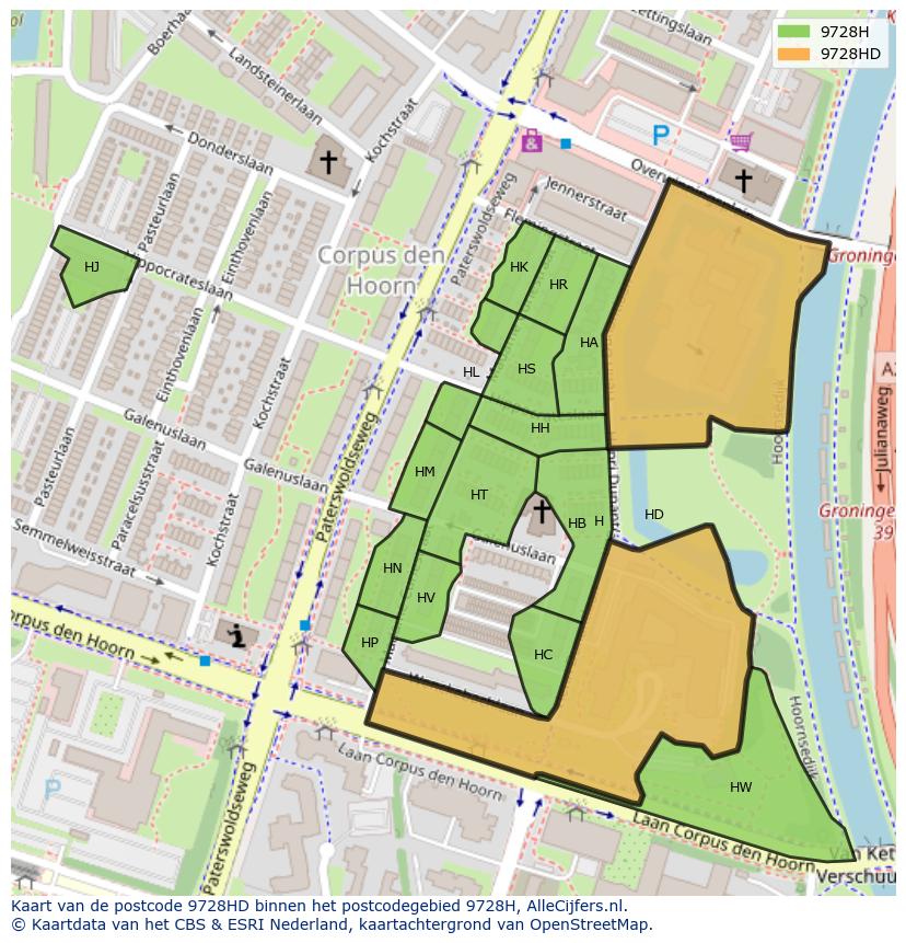 Afbeelding van het postcodegebied 9728 HD op de kaart.