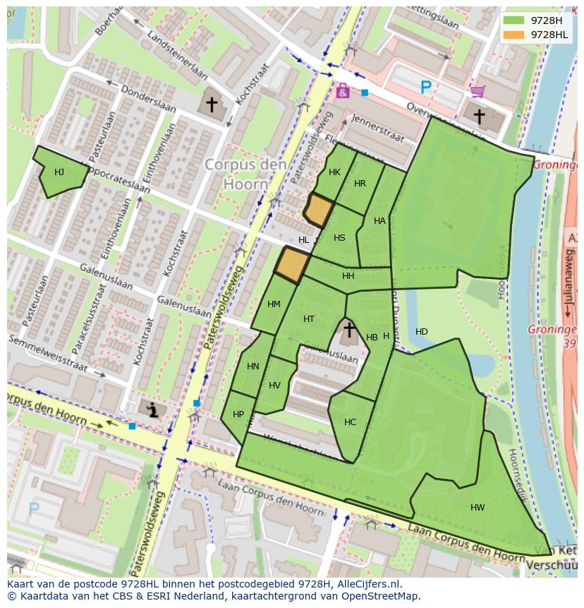 Afbeelding van het postcodegebied 9728 HL op de kaart.