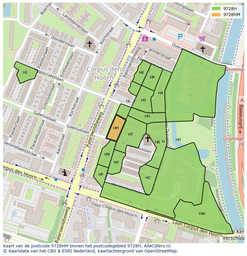 Afbeelding van het postcodegebied 9728 HM op de kaart.
