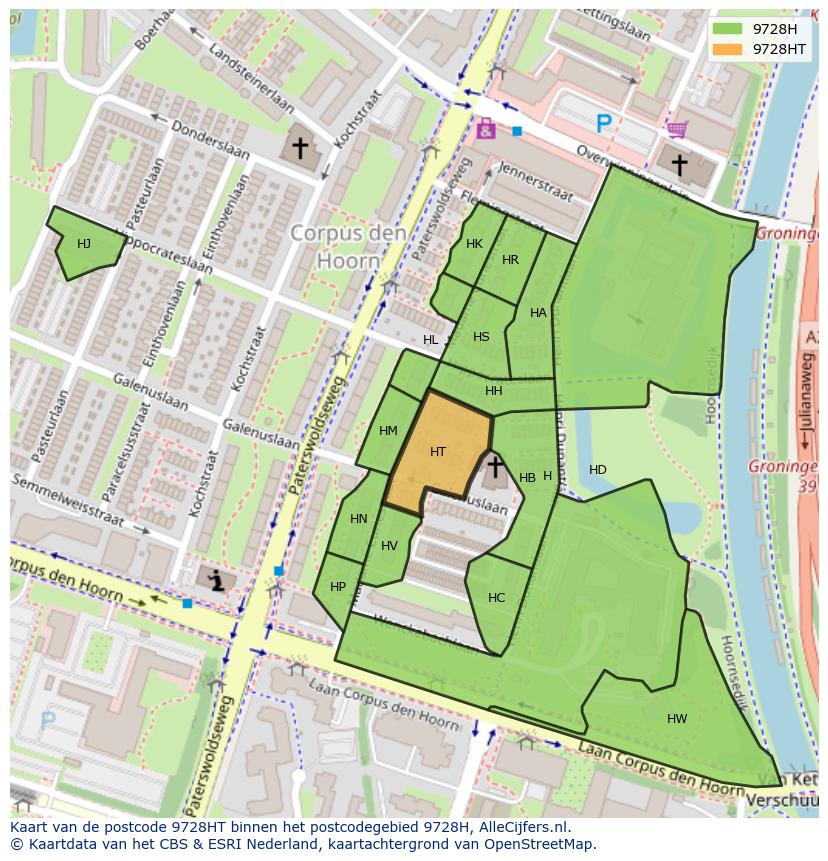 Afbeelding van het postcodegebied 9728 HT op de kaart.