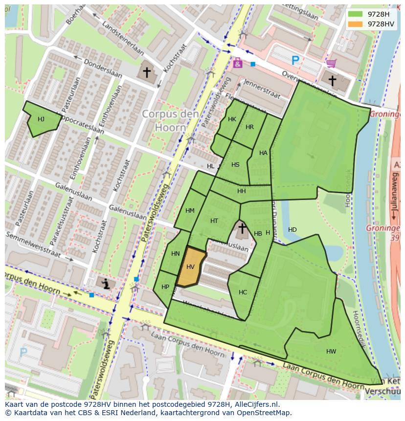 Afbeelding van het postcodegebied 9728 HV op de kaart.