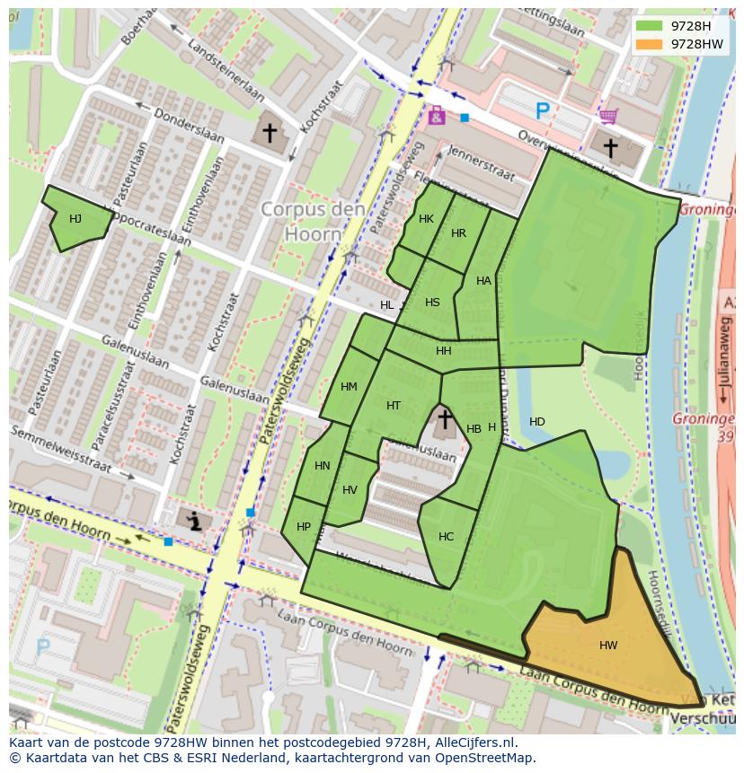 Afbeelding van het postcodegebied 9728 HW op de kaart.