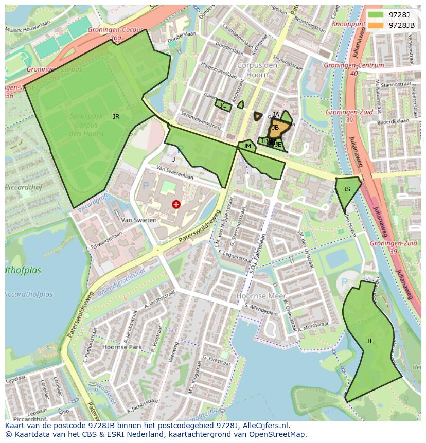 Afbeelding van het postcodegebied 9728 JB op de kaart.