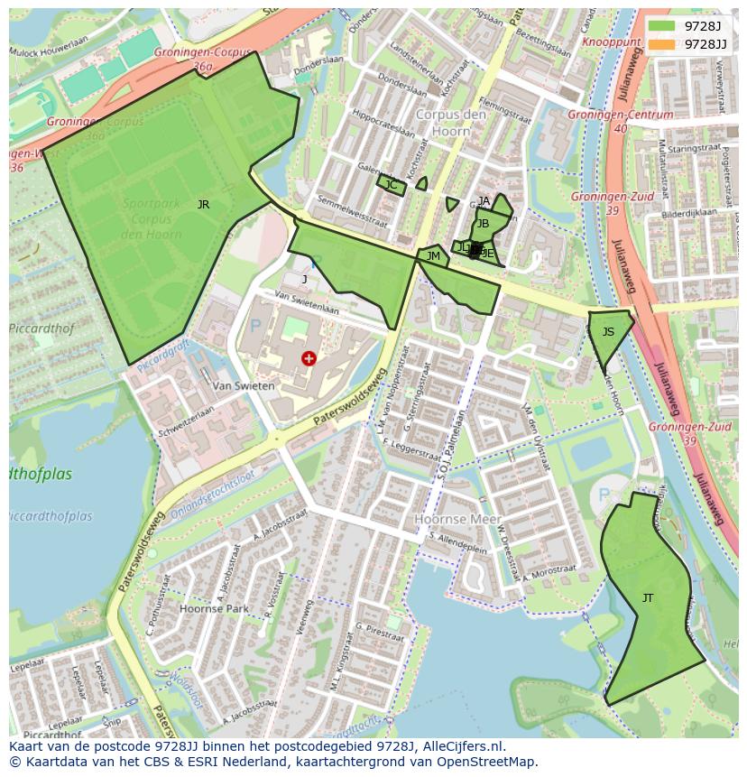 Afbeelding van het postcodegebied 9728 JJ op de kaart.
