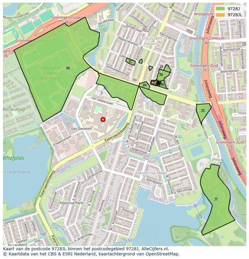 Afbeelding van het postcodegebied 9728 JL op de kaart.