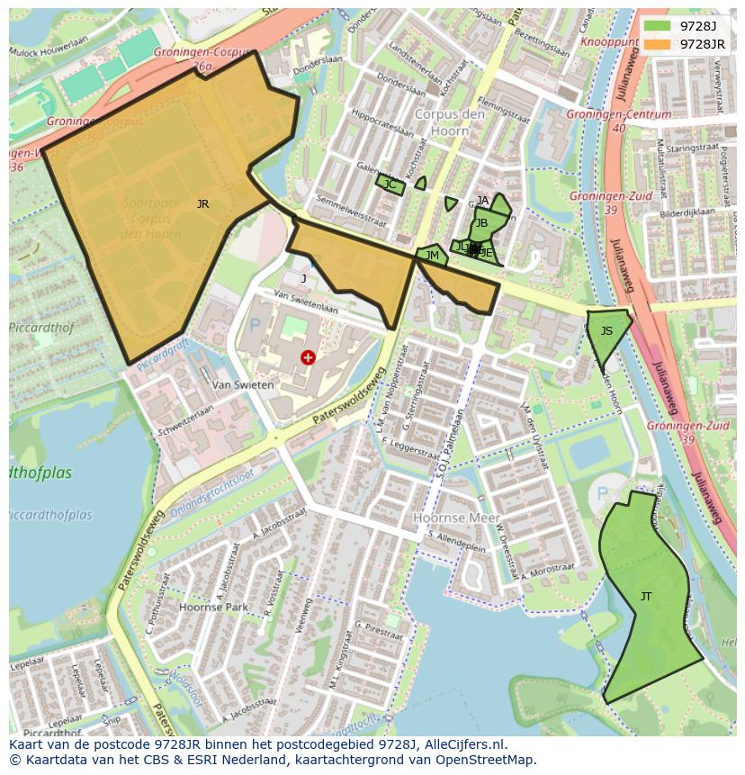 Afbeelding van het postcodegebied 9728 JR op de kaart.