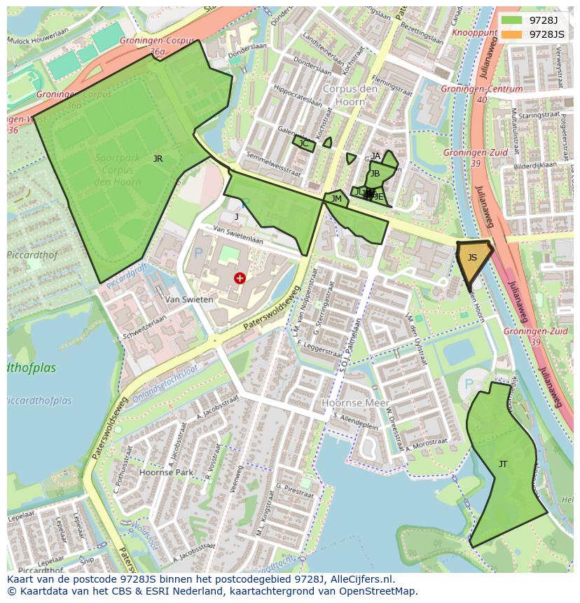 Afbeelding van het postcodegebied 9728 JS op de kaart.
