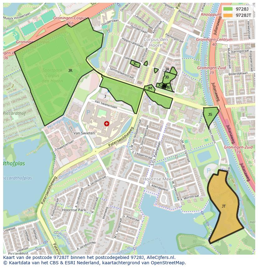 Afbeelding van het postcodegebied 9728 JT op de kaart.