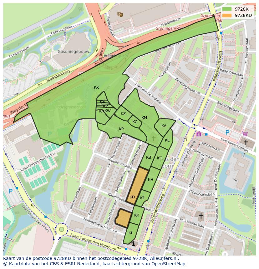 Afbeelding van het postcodegebied 9728 KD op de kaart.