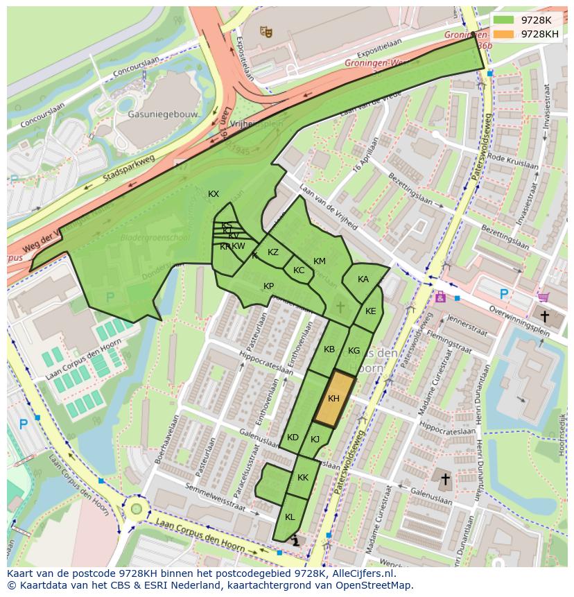 Afbeelding van het postcodegebied 9728 KH op de kaart.