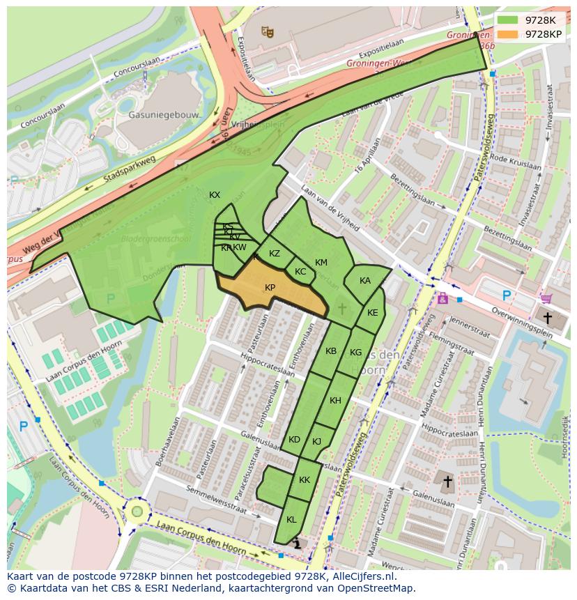 Afbeelding van het postcodegebied 9728 KP op de kaart.
