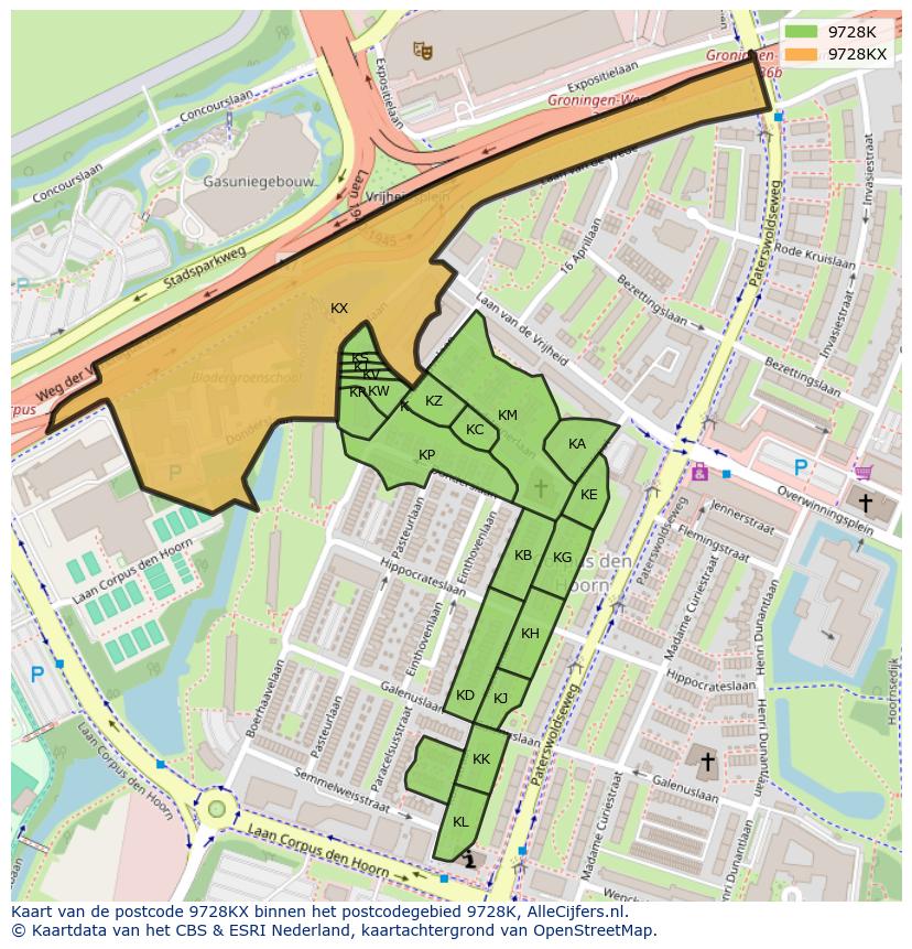 Afbeelding van het postcodegebied 9728 KX op de kaart.