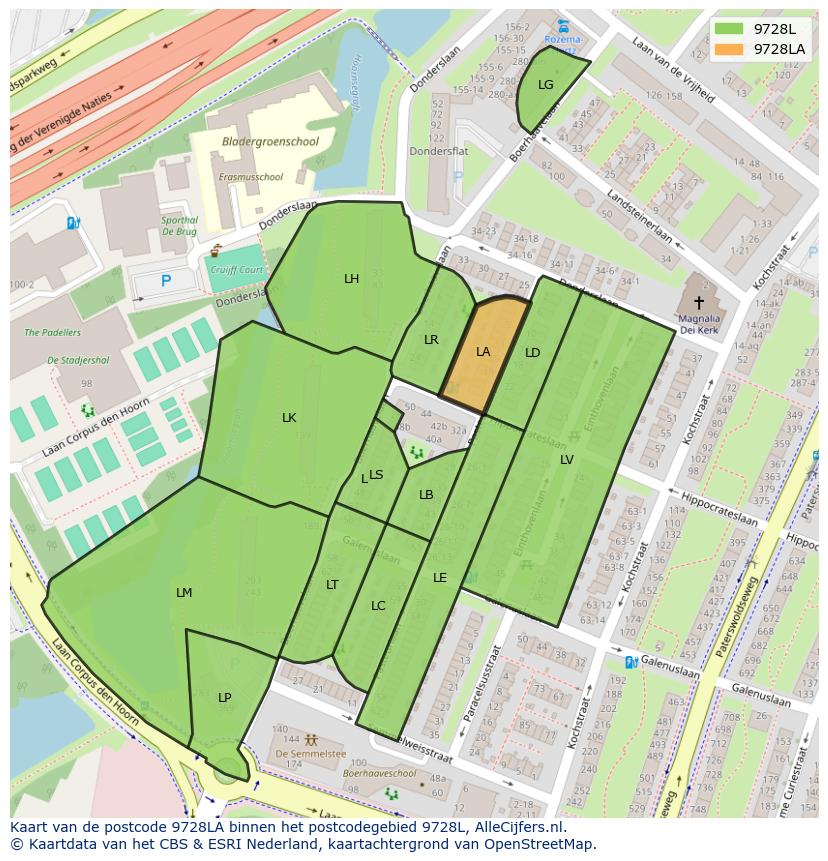 Afbeelding van het postcodegebied 9728 LA op de kaart.