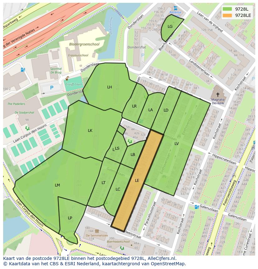 Afbeelding van het postcodegebied 9728 LE op de kaart.